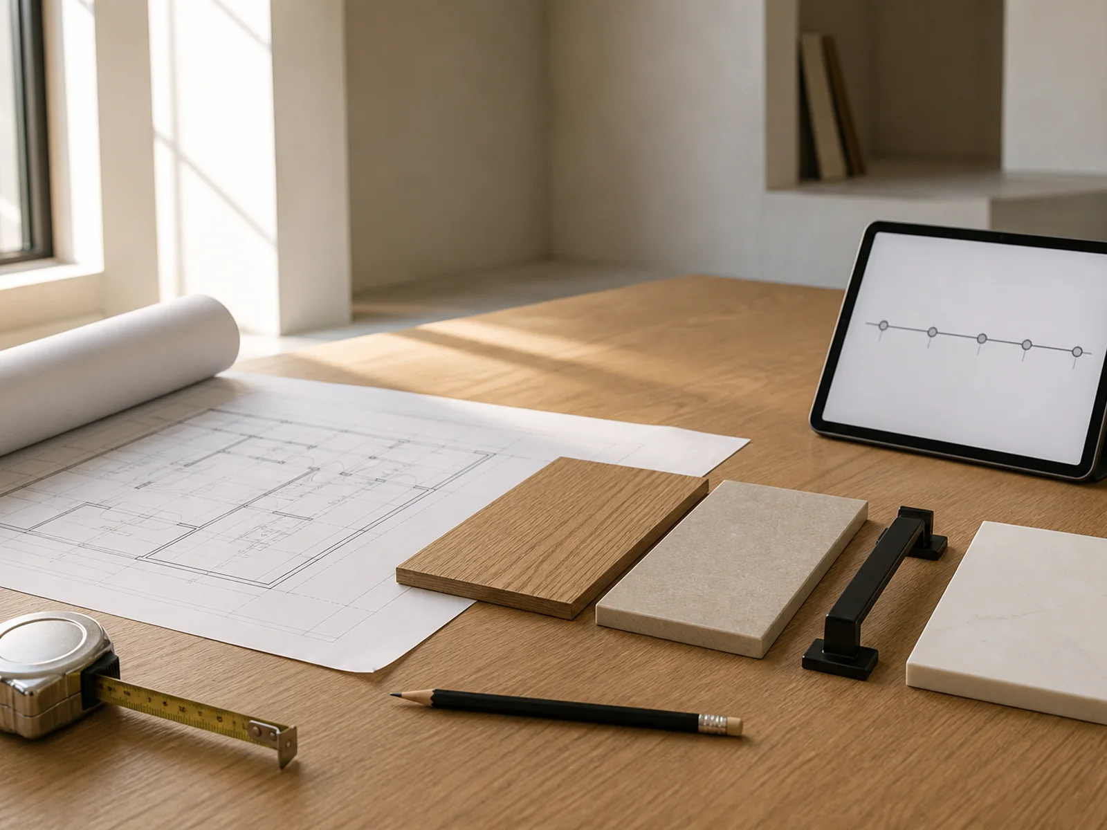 Remodel plans, finish samples, and a schedule laid out for a client walkthrough