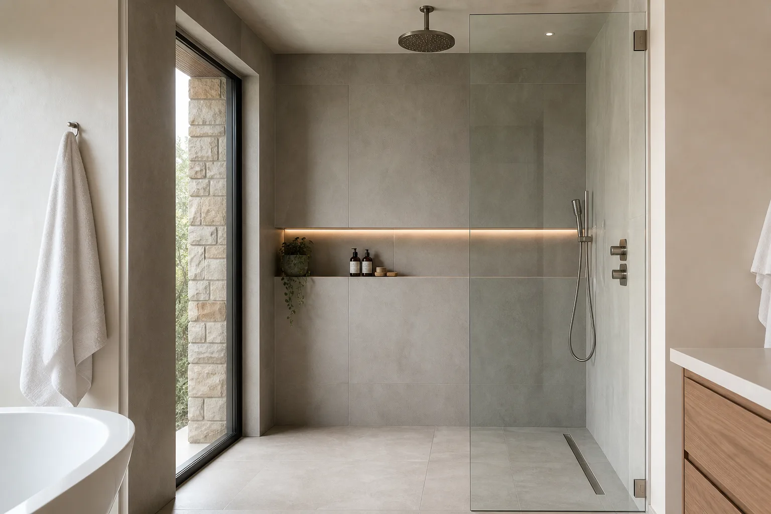 Walk-in shower with frameless glass