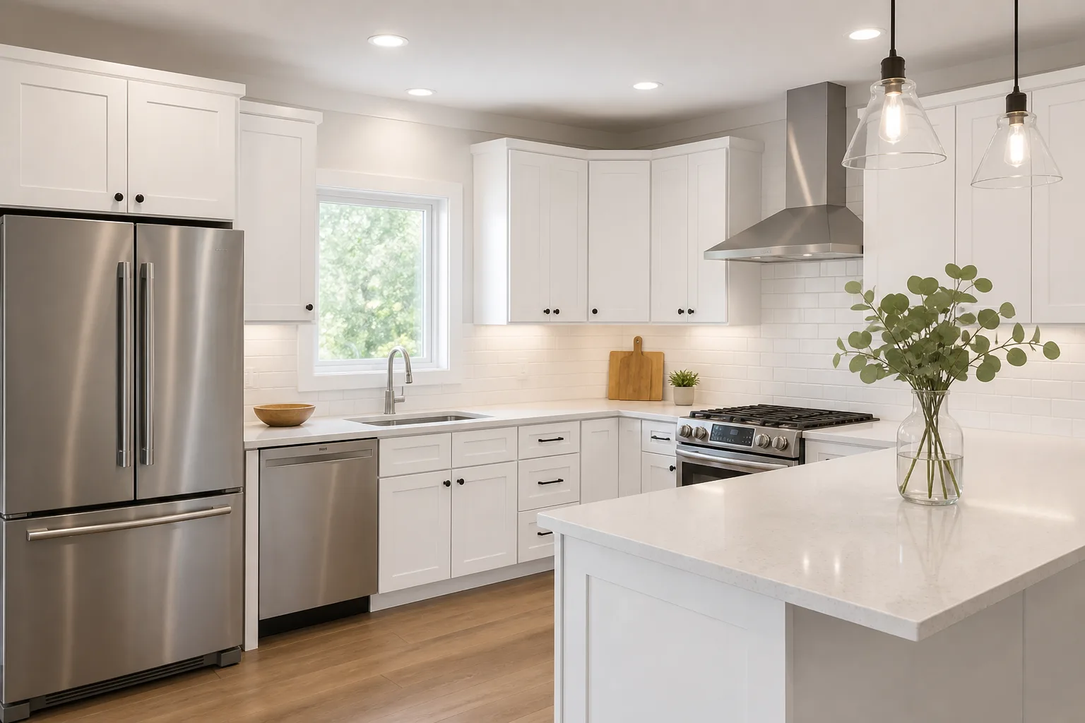 Semi-custom kitchen remodel with shaker cabinets and quartz counters